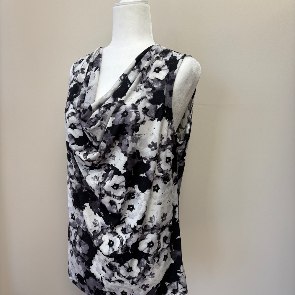 Ellen Tracy Monochrome Sleeveless Floral Cowl Neck Top - Picture 2 of 8